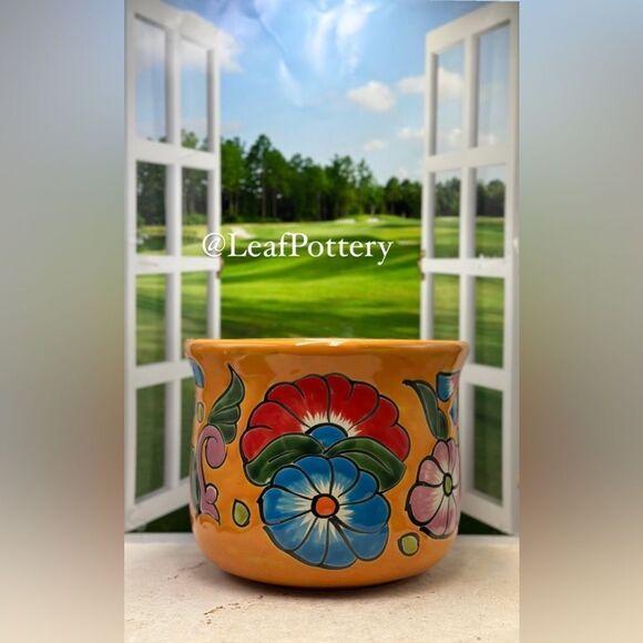 Vibrant Mexican Floral Art Barrel Planter | Hand-Painted Ceramic Clay Pot - Picture 2 of 10